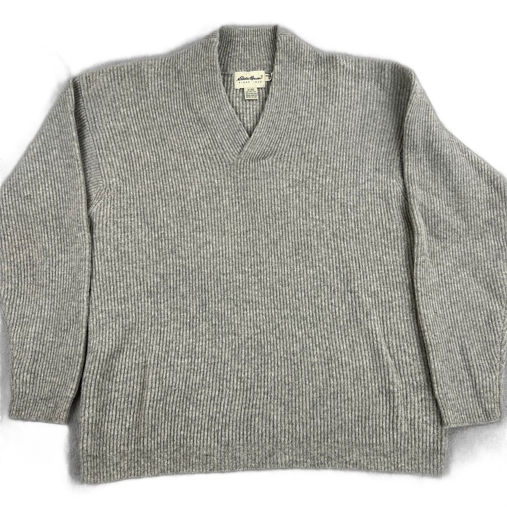 Vtg 90's Eddie Bauer Ribbed 100% Wool Blend V Neck Sweater L Gray Men Hong Kong